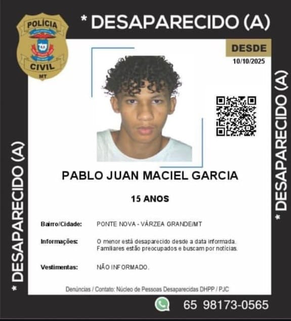 URGENTE: Adolescente de 15 anos desaparece em Várzea Grande e família vive momentos de desespero