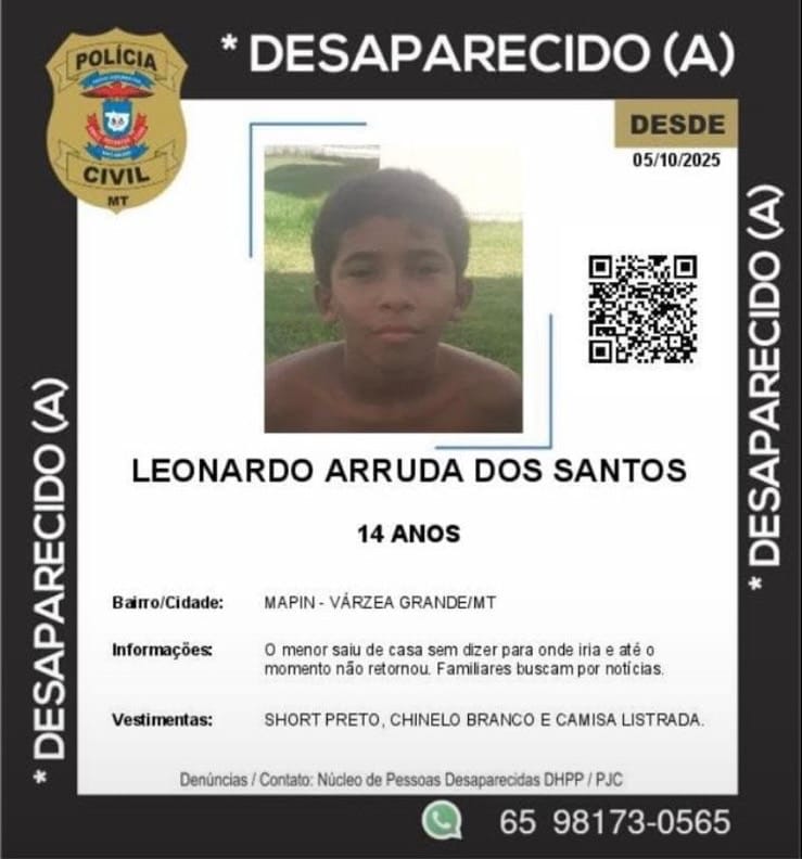 Adolescente de 14 anos desaparece em Várzea Grande e família busca informações