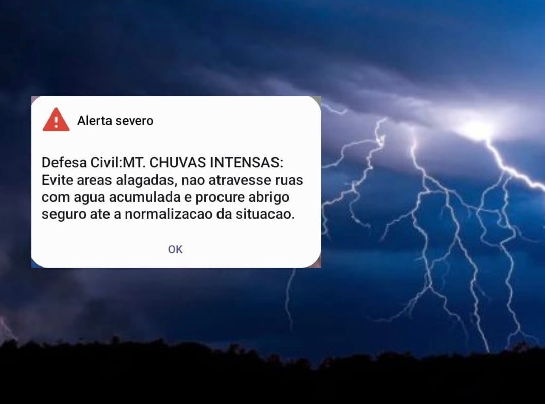 Alerta severo é disparado em celulares na noite desta quinta-feira em Cuiabá por risco de chuvas intensas