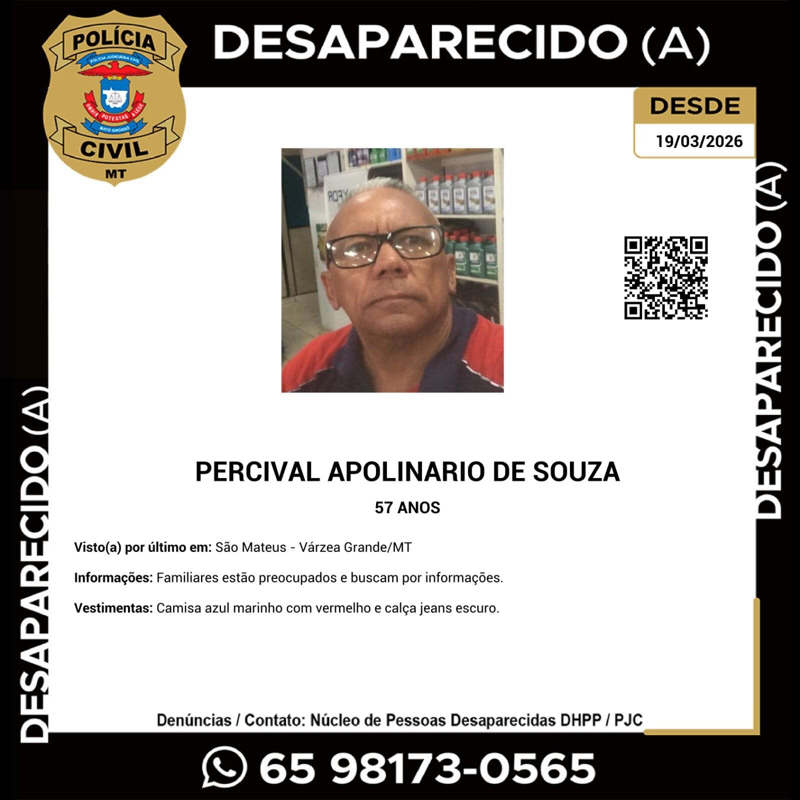 MISTÉRIO EM VÁRZEA GRANDE: HOMEM DE 57 ANOS DESAPARECE E FAMÍLIA VIVE ANGÚSTIA